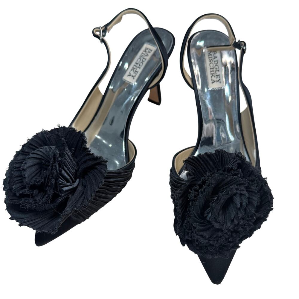 Badgley Mischka Blaire Slingback Heels Black Satin Floral Size 8 Wedding Event - Picture 3 of 10